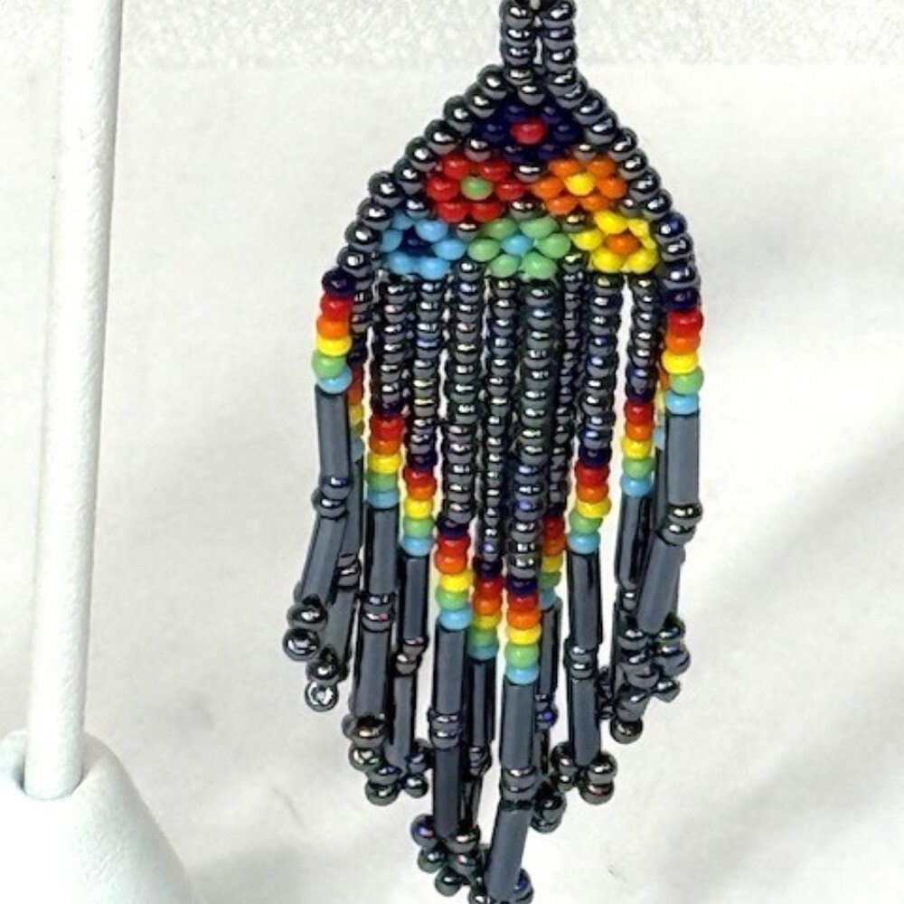 Multi-color beaded dangle earrings. - Picture 3 of 6